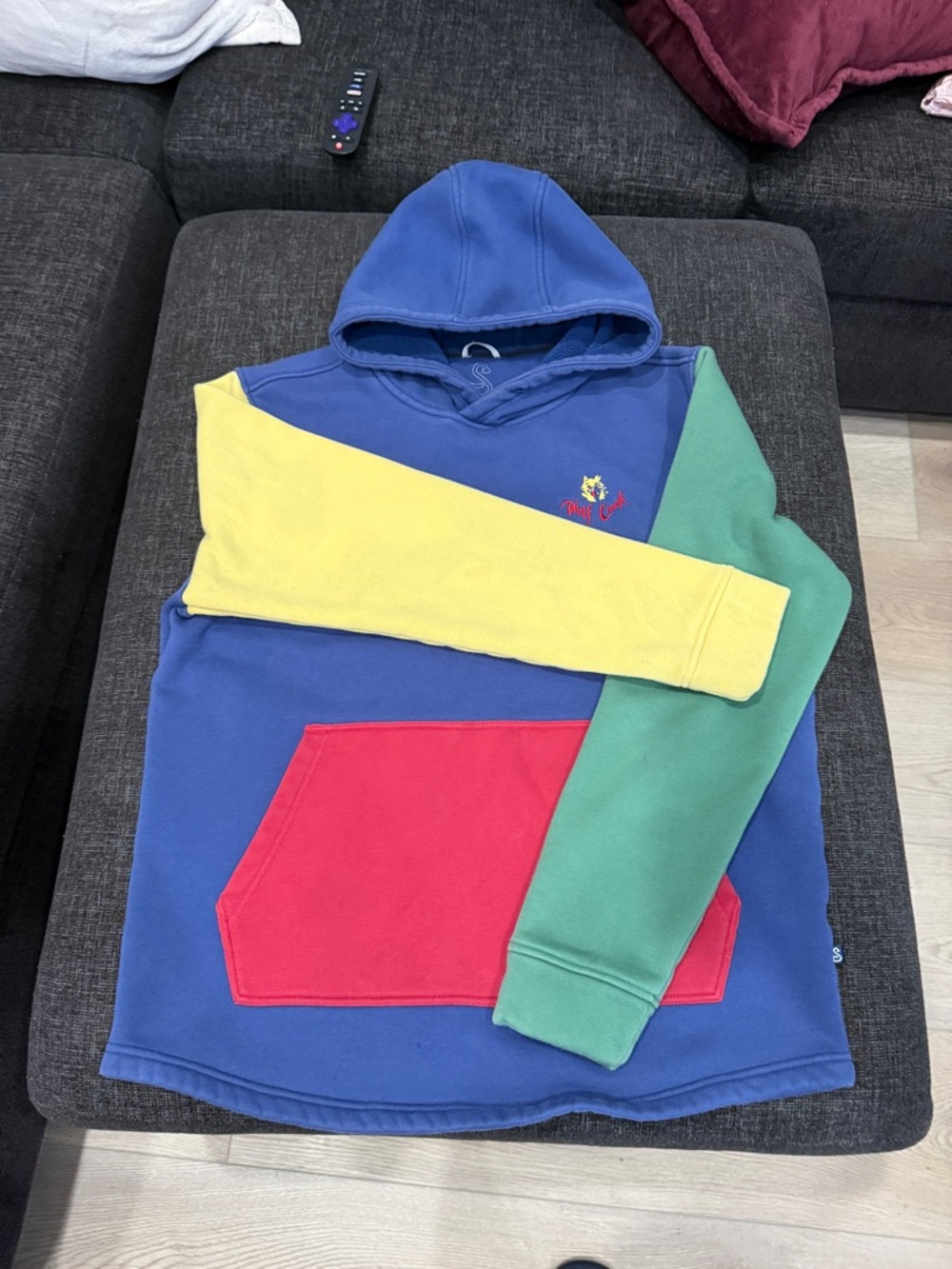 Colorblock Blue Hoodie with Red Pocket and Yellow/Green Sleeves